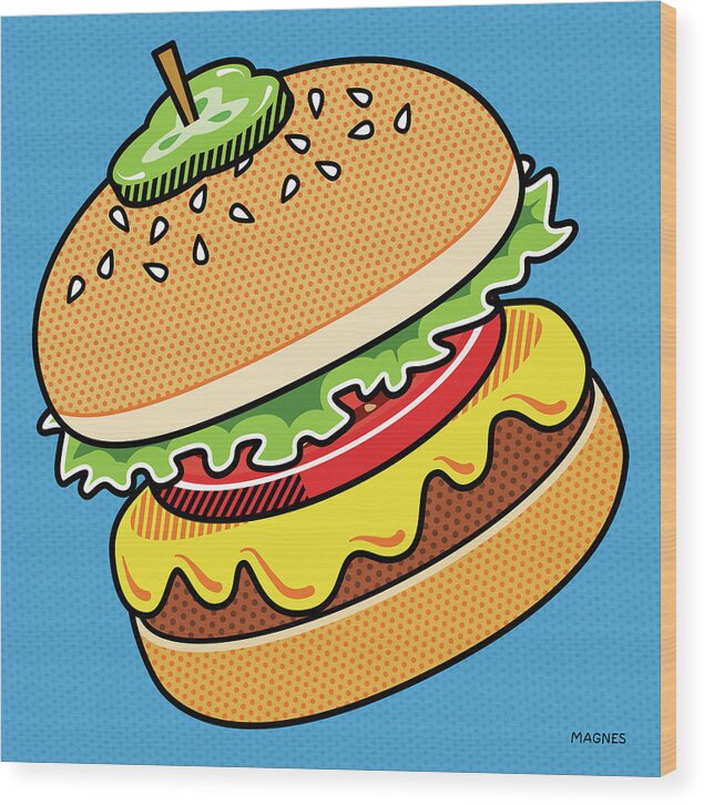 Pop Art Wood Print featuring the digital art Cheeseburger on Blue by Ron Magnes