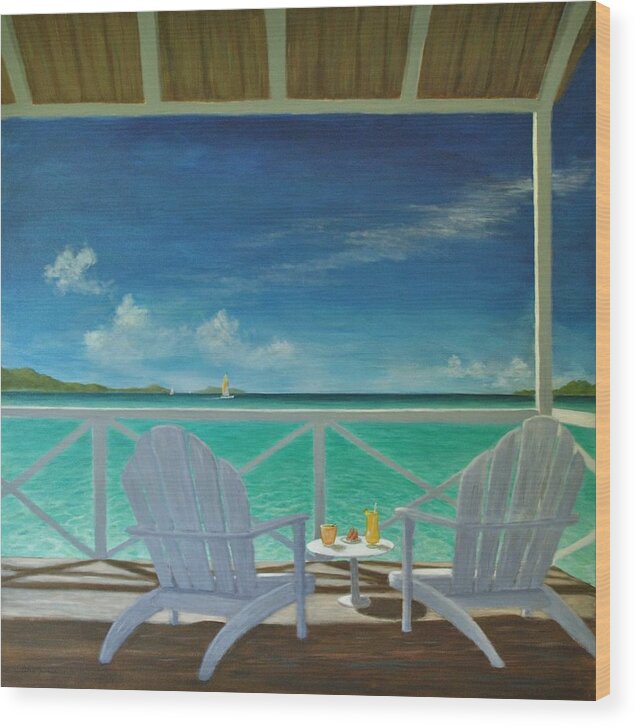 Tropical Beach Wood Print featuring the painting Deckside Happy Hour by Alan Zawacki by Alan Zawacki
