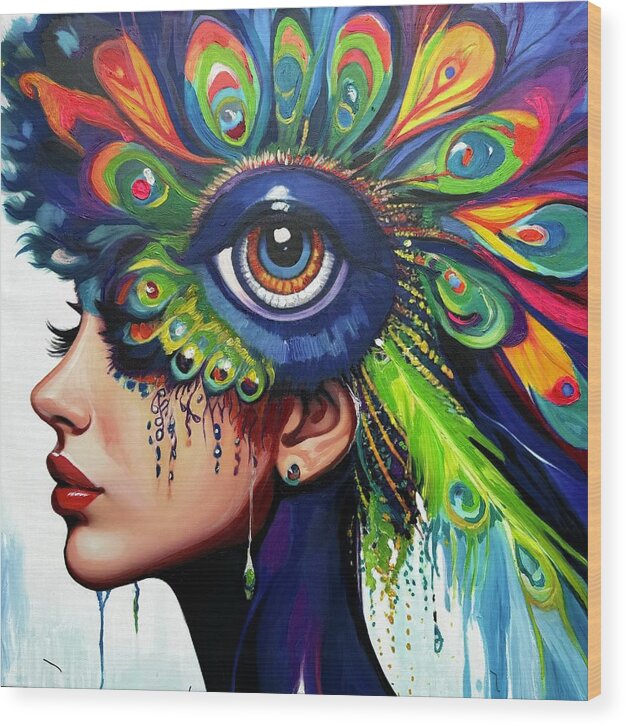 Bird Peacock Hybrid Eye Wood Print featuring the painting palette of Plumes #19 by Kasey Jones