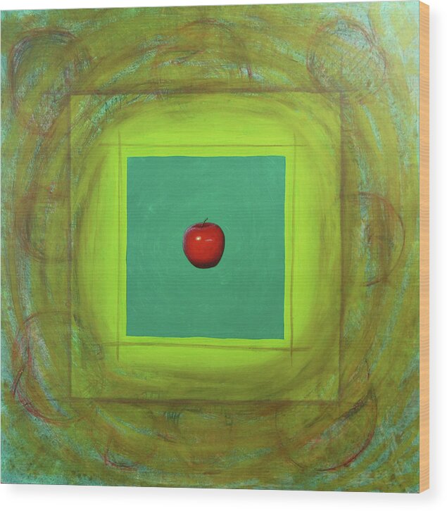 Floating Wood Print featuring the painting Red Apple Icon on Green Square by Tim Murphy
