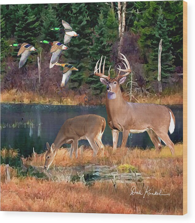 Whitetail Deer Wood Print featuring the painting Whitetail Deer Art Squares - Deer Lake by Dale Kunkel Art