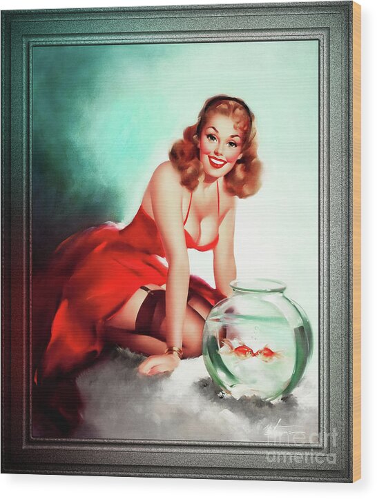 Kissing Fish Wood Print featuring the painting Kissing Fish by Edward Runci Vintage Pin-Up Girl Art by Rolando Burbon