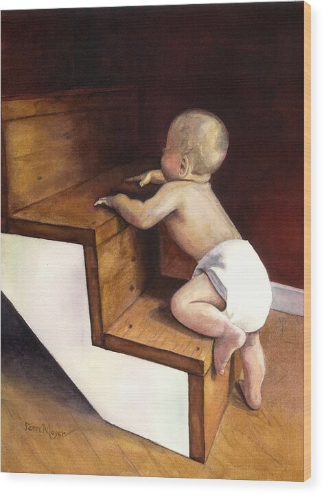 A Baby Climbing A Staircase Painting Wood Print featuring the painting A Stairway of Miracles by Terri Meyer