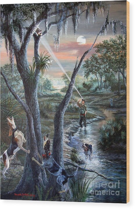 Coon Hunting Wood Print featuring the painting Coon Huntin the Backwoods- by Daniel Butler