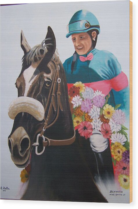 Horses Wood Print featuring the painting Zenyatta with Jockey Mike Smith by Robert E Gebler