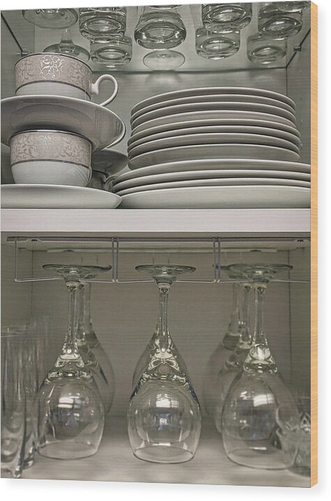 Table Wood Print featuring the photograph Cupboard - wine glasses and plates by Portia Olaughlin
