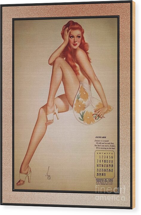 Miss January Wood Print featuring the painting Miss January Varga Girl 1944 Pin-up Calendar by Alberto Vargas Vintage Pin-Up Girl Art by Rolando Burbon