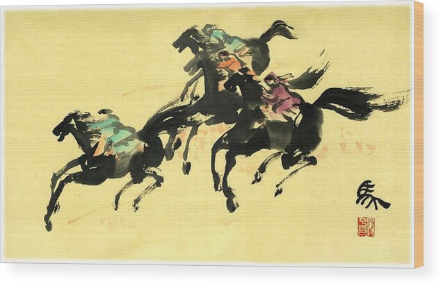 Horse Racing Wood Print featuring the painting Horse Racing #1 by Ping Yan