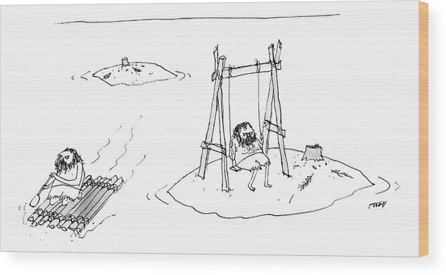 Captionless Wood Print featuring the drawing A Man On A Raft Paddles Away From A Desert Island by Edward Steed