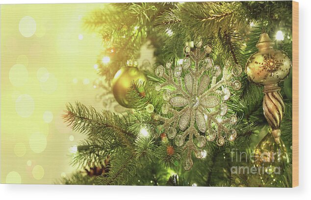 Backdrop Wood Print featuring the photograph Christmas tree decorations with sparkle background by Sandra Cunningham