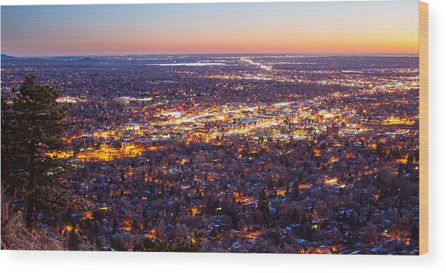 Boulder Wood Print featuring the photograph City Of Boulder Colorado Downtown Scenic Sunrise Panorama  by James BO Insogna