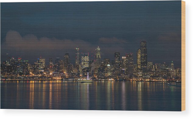 Washington State Ferry Wood Print featuring the photograph Emerald City at Night by E Faithe Lester