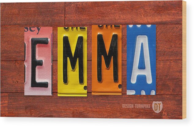 License Wood Print featuring the mixed media EMMA License Plate Name Sign Fun Kid Room Decor by Design Turnpike