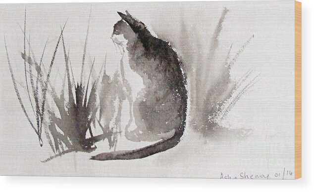 Sumi-e Wood Print featuring the painting Feeling lonely by Asha Sudhaker Shenoy