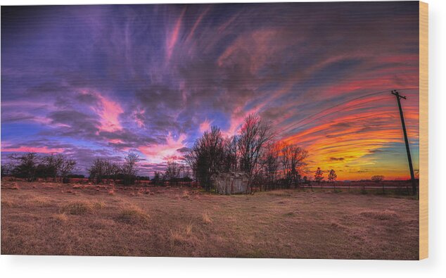 Farm Wood Print featuring the photograph FM Sunset Pano in Needville Texas by Micah Goff