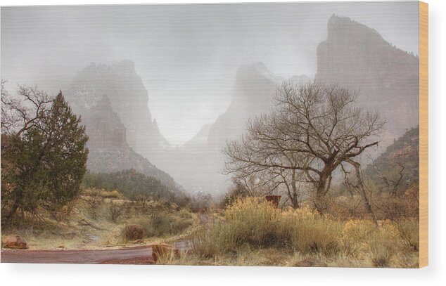 Hdr Wood Print featuring the photograph Foggy Morning at Zion by Wendell Thompson