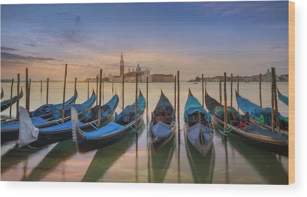 Tranquility Wood Print featuring the photograph Gondolas And San Giorgio Island, Venice by Buena Vista Images