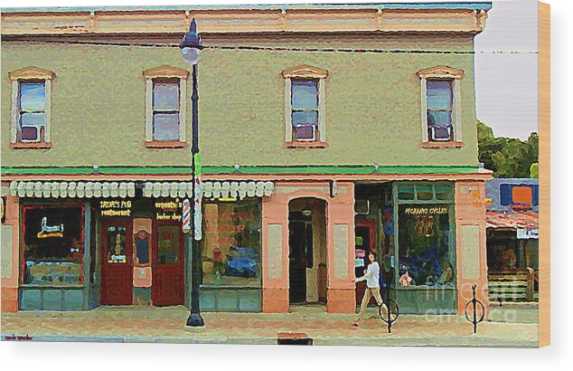 Ottawa Wood Print featuring the painting Irenes's Pub And Ernesto's Barber Shop Bank St Shops In The Glebe Paintings Of Ottawa Cspandau by Carole Spandau