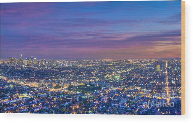 La Wood Print featuring the photograph LA Fiery Sunset Cityscape Skyline by David Zanzinger