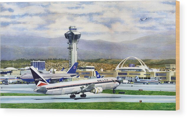 Aviation Wood Print featuring the painting LAX by Douglas Castleman