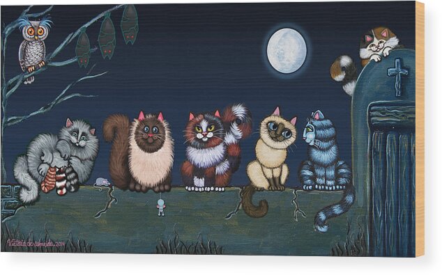Cat Wood Print featuring the painting Moonlight On The Wall by Victoria De Almeida