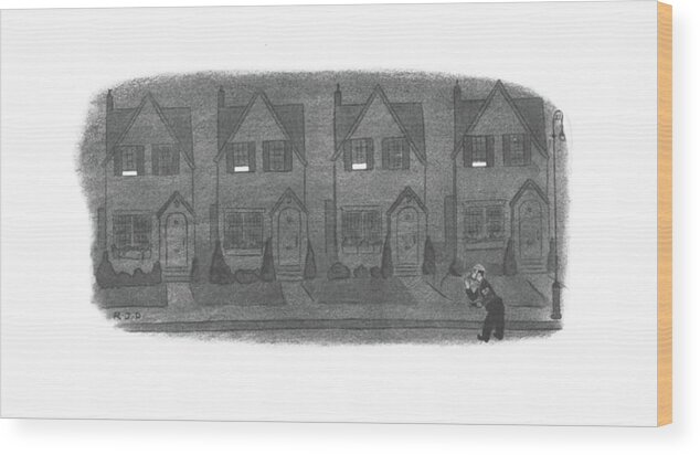 112747 Rda Robert J. Day Air-raid Warden In Front Of Identical Houses. Second Floor Windows Are Lit To A Certain Point In Each Of Them. Air-raid Armed Army Certain Dark Each Effort Evening ?oor Front General Home Houses Identical Light Lights Lit Military Night Point Second Services Them War Warden Wartime Windows World Wood Print featuring the drawing New Yorker July 17th, 1943 by Robert J. Day
