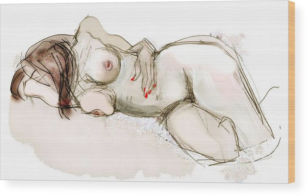 Female Nude Wood Print featuring the drawing O Sleeping - female nude by Carolyn Weltman