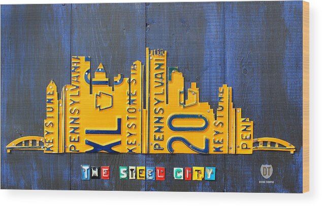 Pittsburgh Wood Print featuring the mixed media Pittsburgh Skyline License Plate Art by Design Turnpike