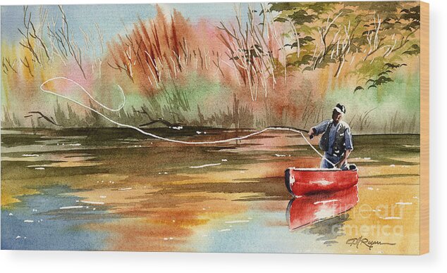Fly Wood Print featuring the painting Red Canoe by David Rogers