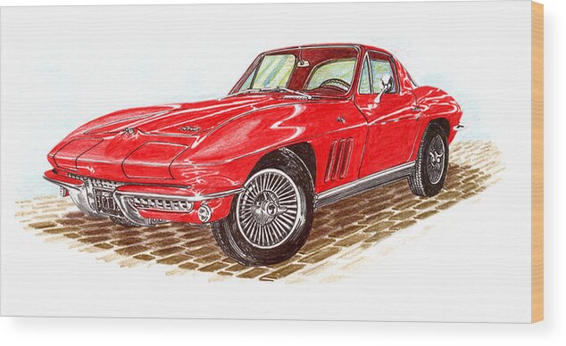 Red 1966 Corvette Stingray Fastback Wood Print featuring the drawing Ruby Red 1966 Corvette Stingray Fastback by Jack Pumphrey