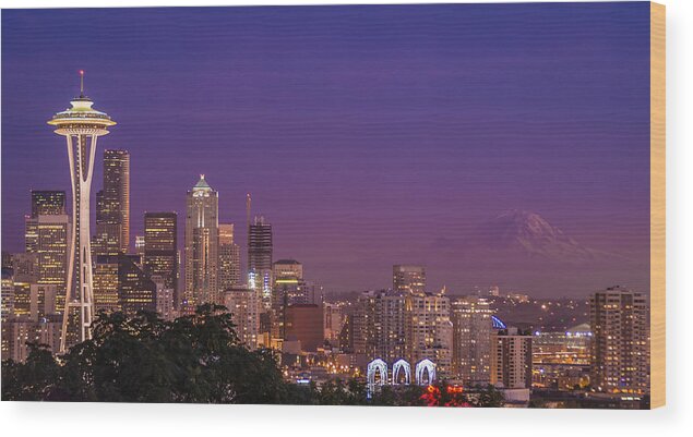 Seattle Wood Print featuring the photograph Seattle and Mt. Rainier After Dark - City Skyline Night Photograph by Duane Miller