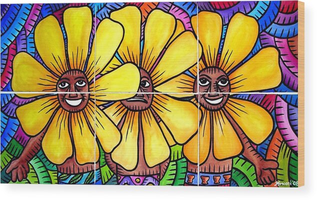  Wood Print featuring the painting Sun Flowers and Friends 2008 by Marconi Calindas