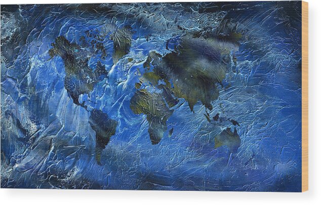 Acrylic Wood Print featuring the painting Swirly Blue Acrylic World Map by Hakon Soreide