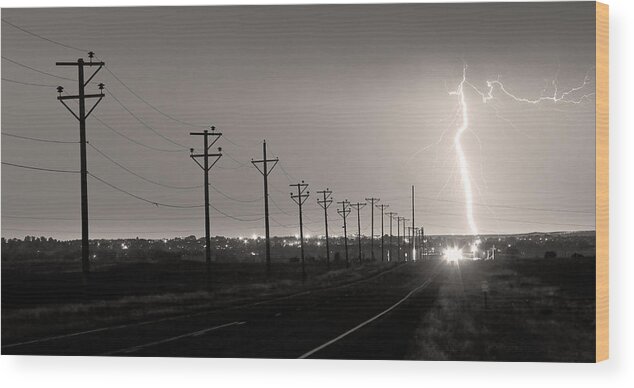 Lightning Wood Print featuring the photograph Telephone Poles Black and White Sepia by James BO Insogna