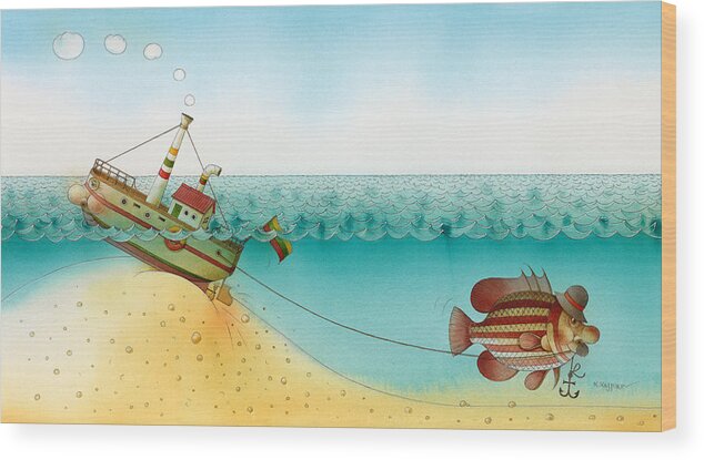 Sea Ocean Blue Azure Sky Fish Boat Wood Print featuring the painting Underwater Story 02 by Kestutis Kasparavicius