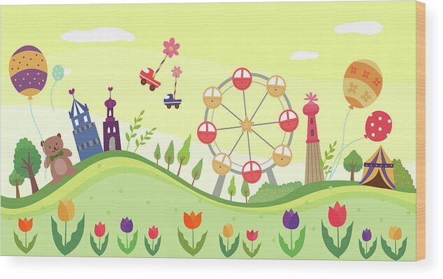 Amusement Park Wood Print featuring the digital art View Of Amusement Park by Eastnine Inc.