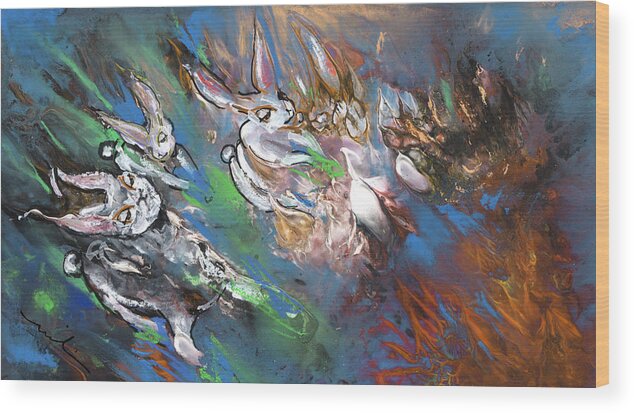 Fantasy Wood Print featuring the painting White Rabbits on The Run by Miki De Goodaboom