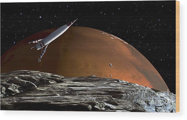 Mars Wood Print featuring the digital art A Spaceship In Orbit Over Mars Moon by Frank Hettick