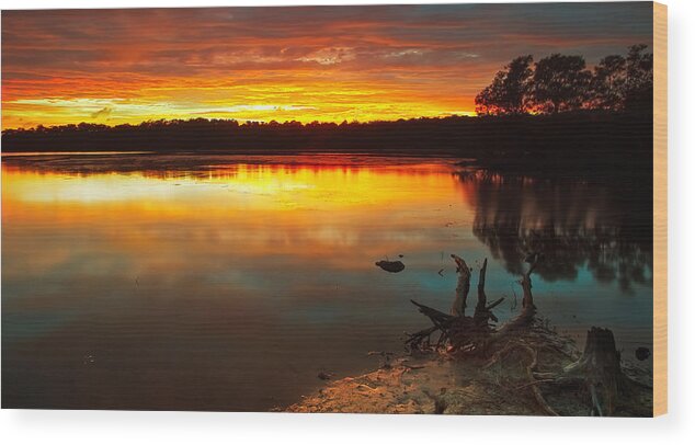 Narabeen Lakes Wood Print featuring the photograph Burning Lake by Mark Lucey