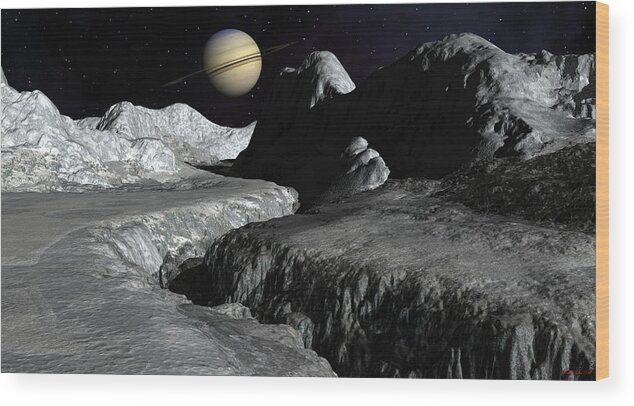 Solar System Wood Print featuring the digital art Saturn from the surface of Enceladus by David Robinson