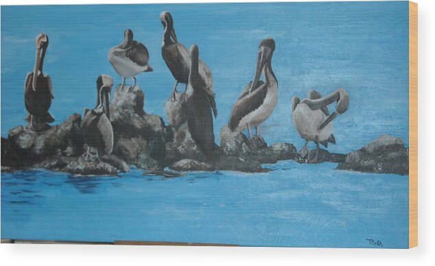Pelicans Wood Print featuring the painting Usual Suspects by Teresa Smith
