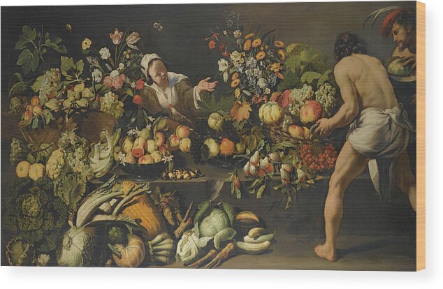 Italo - Flemish School Wood Print featuring the painting Vegetables And Flowers Arranged by MotionAge Designs