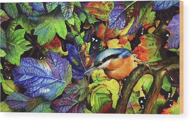 Leaves Wood Print featuring the painting Autumn Blues 2 by Peter Williams
