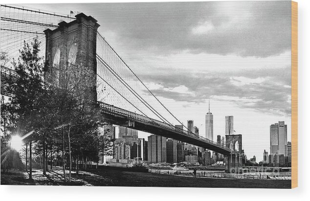 Nyc Wood Print featuring the photograph Brooklyn Bridge at dusk in Black and White by Carlos Alkmin