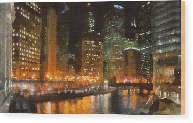 Chicago Wood Print featuring the painting Chicago at Night by Jeffrey Kolker