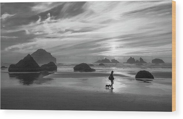 Landscapes Wood Print featuring the photograph Dog Walker BW by Steven Clark