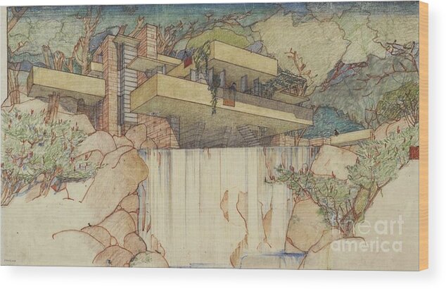 Pen And Ink Drawing Wood Print featuring the photograph Fallingwater Pen and Ink by David Bearden