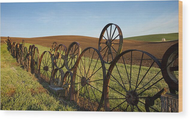 Palouse Wood Print featuring the photograph Fence of Wheels by Mary Lee Dereske