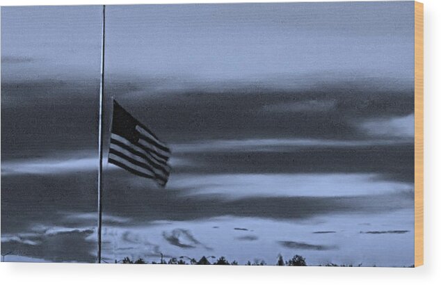 American Flag Wood Print featuring the photograph HALF STAFF AT DAWN in CYAN by Rob Hans