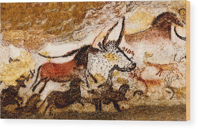 Lascaux Wood Print featuring the digital art Lascaux Hall of the Bulls - Horses and Aurochs by Weston Westmoreland